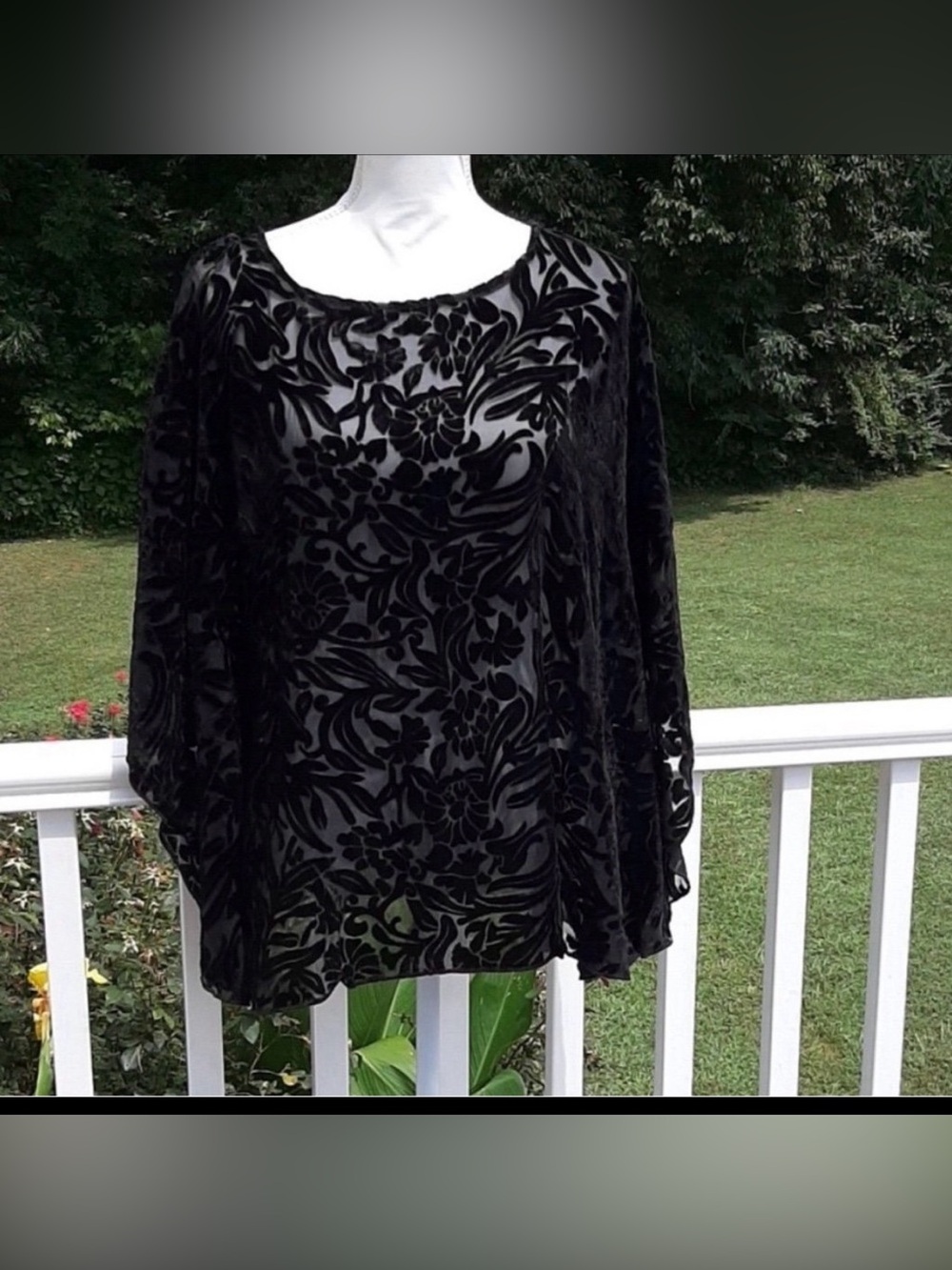Shear black velvet detailed poncho top size large